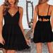 Women's V Neck Spaghetti Strap Bowknot Backless Sleeveless Lace Mini Swing Skater Dress