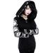 Women Hooded Zipper Pockets Letter Moon Print Gothic Puck Hoodies Casual Pullover Sweatshirt Black