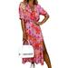 Sexy Dance Women Short Sleeve Side Slit Maxi Dress Casual Bohemian Floral Printed Loose Elastic Waist Midi Dress Beach Party Formal Dress