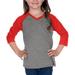 kavio! little girls 3-6x sheer jersey contrast v neck raglan 3/4 sleeve dark h.gray/red 6x