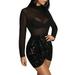 Lookwoild Women Party Mock Neck Sheer See-Through Mesh Sequins Bodycon Mini Dress