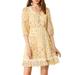 Women's Floral V Neck 3/4 Puff Sleeves Elastic Ruffle A-Line Dress