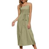 Avamo Women Basic Tank Top Dress Sleeveless Belted Office Pockets Cami Dress Solid Color Sexy Backless Beach Party Dress