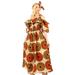 Sakkas Tany Women's Cold Shoulder Smocked Ruffled African Ankara Maxi Long Dress - 36-OrangeWhite - One Size Regular