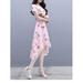 Women Fashion Floral Print Irregular Hem Midi Dress Summer Short Sleeves Tie Waist Beach Dress