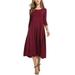 Women's 3/4 Sleeves Solid Color Casual Long Dress A-Line Flare Loose Swing Pleated Midi Dress