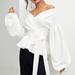 Women Casual Solid Color Shirt, V-Neck Long Sleeve Wrinkle Top, Off-shoulder Tunic Lace-up Clothing