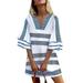 Summer Short Dresses for Women Half Sleeve Striped V Neck Shirts Dress Casual Boho Kaftan Beach Sundress Ladies Party Holiday Dress