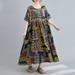 Lixada Vintage Women Cotton Linen Dress Print O Neck Short Sleeve Pocket Loose Casual Sundress Maxi Dress