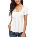 MISS MOLY Peasant Tops for Women Deep V-Neck Lace Ruched Front Ruffle Short Sleeve Blouse Pleated Shirts White XS