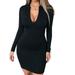 Ma&Baby Women Long Sleeve Mini Dress Wild Zipper Slim Fit Bag Hip Dress Black M