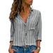 Womens Casual V Neck Striped Button Down Long Sleeve Shirts Chiffon Blouses Tops