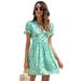 Women's Summer New Style V Neck Fashion Printed Puff Sleeve Dress Casual Party Pleated Mini Dress Digital Printing Bubble Sleeve Dress