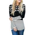 Women Plaid Stripe Color Block Splicing T Shirts Long Sleeve Casual Round Neck Blouse Tops