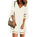 Tuscom Fashion Womens 3/4 Bell Sleeve V Neck Lace Patchwork Blouse Casual Loose Shirt Mesh Dress
