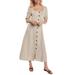 Women's Square-Neck Short Sleeve Cuff Solid Color Front Buttons Loose Dress