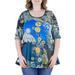 24seven Comfort Apparel Women's Plus Size Blue Paisley Elbow Sleeve Flared Tunic Top