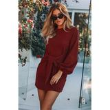 WomenÂ´s Round Neck Puff Sleeve Belted Tie Knot Front Tunic Pencil Dress Long Sleeve Casual Party Knit Dress