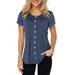 MAWCLOS Women Short Sleeve Button Down Pleated Tops Shirts Summer Round Neck Tunic Blouse Ladies Fashion Comfy Tee Navy Blue S