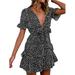 Multitrust Women V-Neck Dress Boho Mini Dress Short Sleeves Swing Beach Sundress