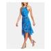 CECE Womens Blue Ruffled Belted Asymmetrical Floral Sleeveless Halter Dress Size 14