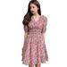 Oaktree Summer ladies floral V-neck fashion temperament waist short-sleeved dress, floral print fashion and elegant A-line puff sleeve dress, beach casual party dress