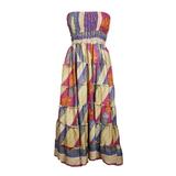 Mogul Women Colorful Strapless Sundress Floral Print Recycled Sari Holiday Skirt Smocked Bodice Dual Design Dresses S/M