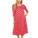 Women's Casual Loose Fit Scoop Neck 3/4 Sleeve Polka Dot Patterned A-Line Midi Dress Made in USA