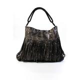 Pre-ownedKatherine Kwei Womens Single Strap Snake Embossed Fringe Hobo Handbag Gray Black