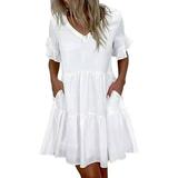 UKAP Women Baby Doll Dress Summer Casual Party Dress Pleated Flowy Swing Short Sleeve V Neck Mini Dress With Pockets