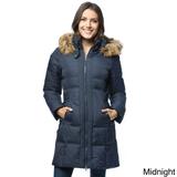 larry levine women's flattering long down filled coat with faux fur trim hood, midnight, x-small