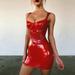 Women Bodycon PU Leather Mini Dress Spaghetti Strap Solid Color Sleeveless High Waist Party Night Dress