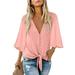 Women's Deep V Neck Flutter Sleeve Button Down Front Tie Casual Tops Shirts