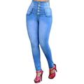 Plus Size Women Thicken Denim Jeans Blue Washed Skinny Pencil Pants High Waist Stretchy Slim Fit Buttons Elastic Casual Trouser