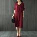 Women Casual Loose Dress Half Sleeves V Neck Drawstring Waist Slit Front Vintage Solid Midi Dress