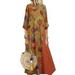 Womens Casual Floral Summer Loose Maxi Dress Beach 3/4 Sleeve Kaftan Sundress Linen-Look