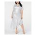 ADRIANNA PAPELL Womens Silver Sequined Short Sleeve Jewel Neck Below The Knee Hi-Lo Cocktail Dress Size 20W