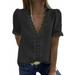 Fiomva Women Loose Jacquard Solid Color Short Sleeve V-neck Lace T-shirt