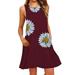 TWZH Women Exquisite Daisy Print Crew Neck Sleeveless Pocket Mini Dress