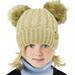 Kids Ages 2-7 Pompom Chunky Thick Stretchy Knit Slouch Beanie Cap Hat (Double Pom Faux Fur Solid Beige)