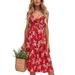 Sexy Dance Women Beach Floral Dresses Summer Tie Front V-Neck Spaghetti Strap Button Down A-Line Backless Swing Midi Dress