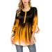 Plus Size Women Tie-Dye Print Tunic Tops Ladies 3/4 Bell Long Sleeve Ruffle Henley Tunic Blouse Casual Irregular Hem Long Blouse Shirt Autumn Vintage Kaftan Pullover Henley Shirts Blouse