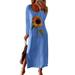 Sexy Dance Plus Size Long Sleeve T Shirt Dress For Women Print Maxi Dress Ladies Holiday Party Split A-Line Dresses Casual Loose Sunflower Print Tunic Kaftan Dress