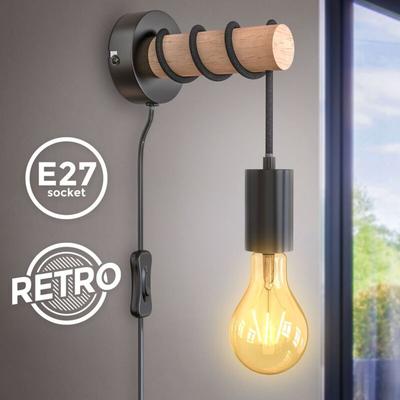 B.k.licht - led Wandleuchte Industriell Metall Holz Retrolampe Vintage schwarz E27 Kabel