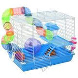 Pawhut 2-Level Hamster Cage Gerbil House Habitat Kit Small Animal Travel Carrier with Exercise Wheel Play Tubes Water Bottle Food Dishes & Interior Ladder