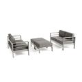 GDF Studio Crested Bay Outdoor Aluminum 4 Seater Chat Set with Ottomans Silver and Khaki