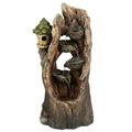 LuxenHome Brown Resin Hollow Tree and Birdhouse Outdoor Fountain with LED Light