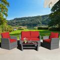 Gymax 4PCS Patio Rattan Conversation Set Outdoor Furniture Set w/ Red Cushions