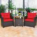 Gymax 3PCS Outdoor Patio Rattan Conversation Set w/ Coffee Table Red Cushion