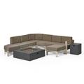 GDF Studio Crested Bay Outdoor Aluminum Curved 6 Seater Sectional Sofa and Fire Pit Set with Ottomans Khaki Silver and Dark Gray